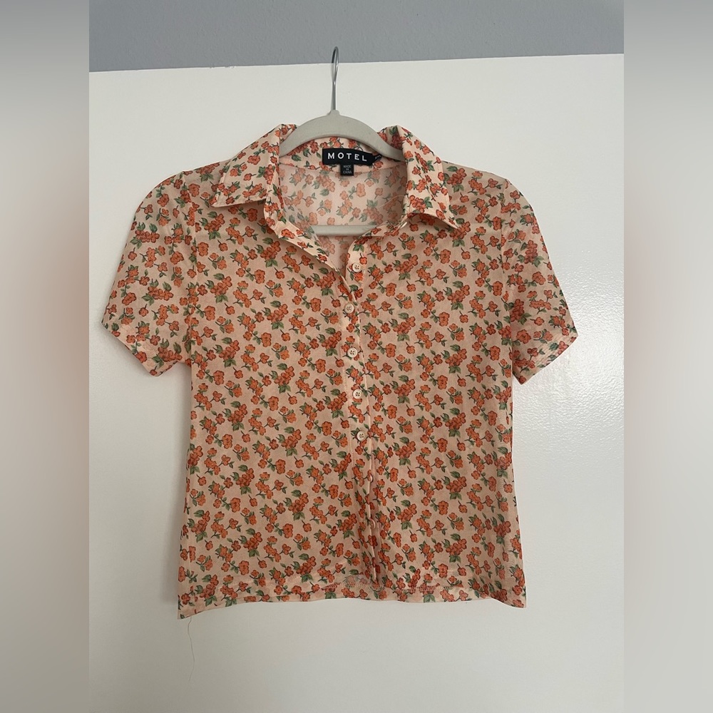 Motel Sheer Floral Cropped Button Down